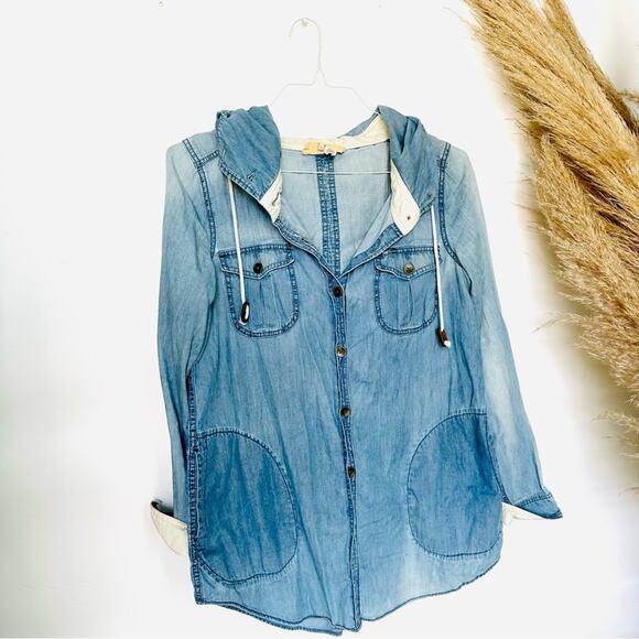 ANTHROPOLOGIE Blue Denim Hood Long Sleeve Button Down Blouse Shirt Shacket Top M - Picture 8 of 13